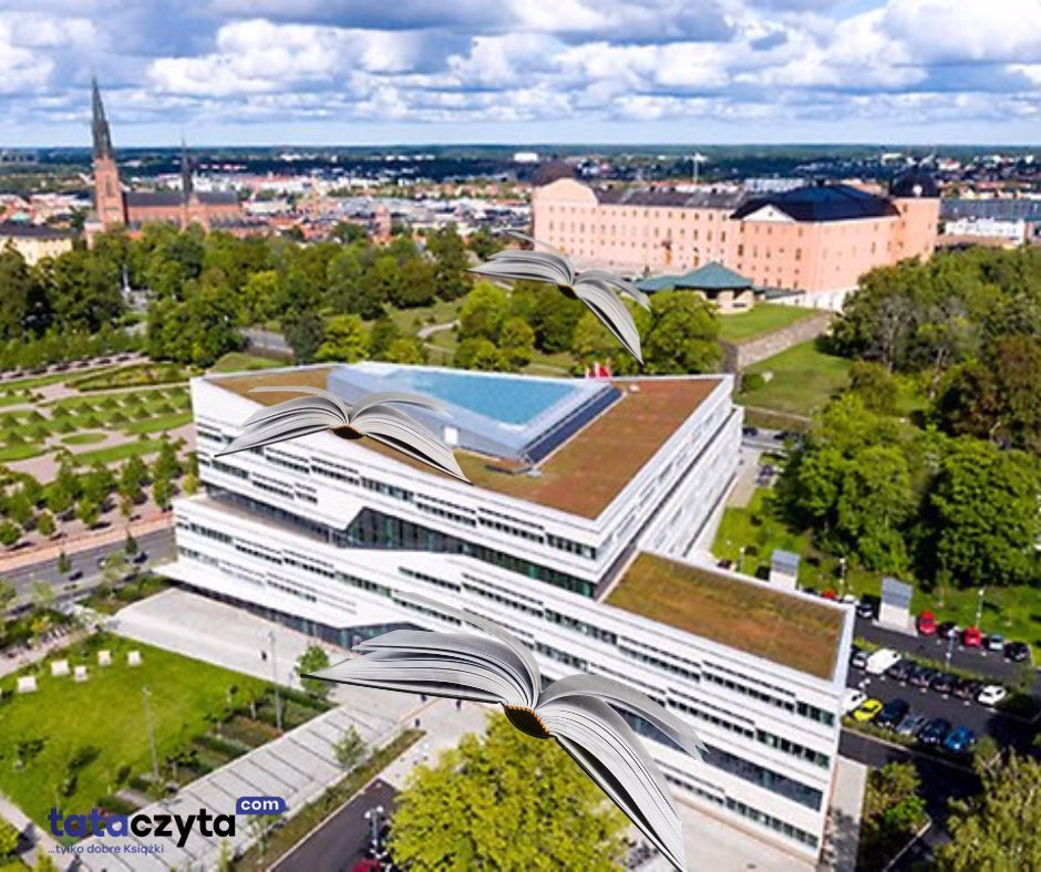 Biblioteka Uniwersytetu w Uppsali – nowoczesny budynek biblioteki online z unoszącymi się książkami
