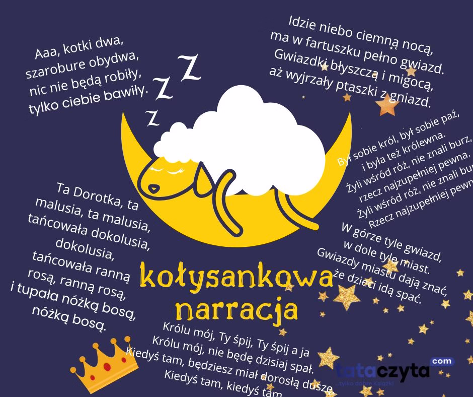 Kołysankowa narracja – ilustracja z księżycem, śpiącą owieczką i cytatami z klasycznych kołysanek, promująca wieczorne rytuały opowieści i śpiewu dla dzieci.