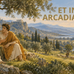 Wergiliusz i Owidiusz pod drzewem, w tle pasterz z owcami, rzeka i antyczne budowle. Napis „Et in Arcadia ego”