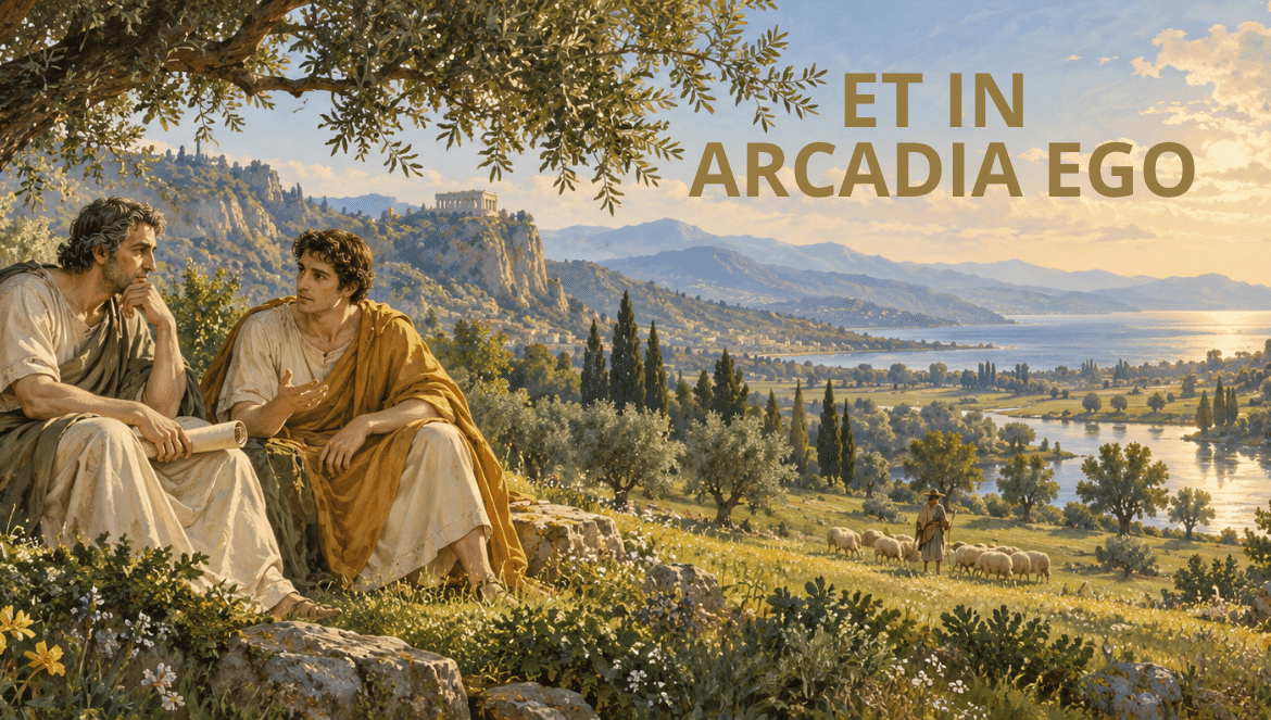 Wergiliusz i Owidiusz pod drzewem, w tle pasterz z owcami, rzeka i antyczne budowle. Napis „Et in Arcadia ego”